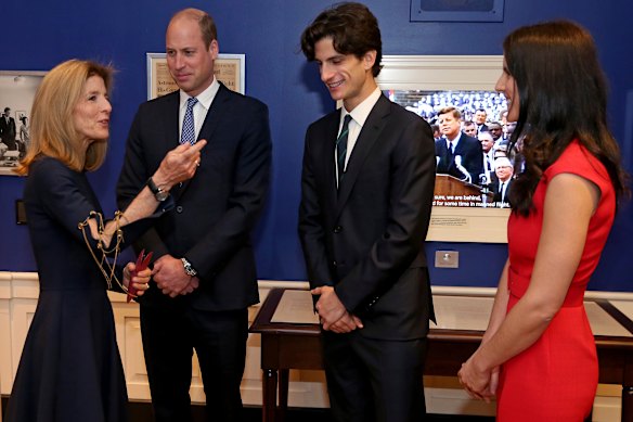 Prince William and Caroline Kennedy, along with her children John and Tatiana Schlossberg, tour the John F. Kennedy Presidential Library in Boston in 2022.