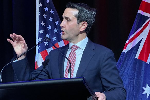Premier David Crisafulli speaking at the American Chamber of Commerce in Australia in Brisbane on Friday.