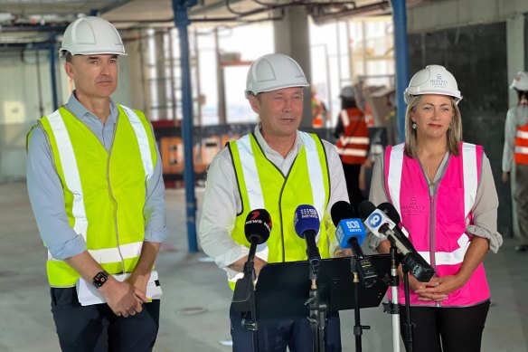 WA Premier Roger Cook at this morning’s press conference with Housing Minister John Carey (left) and Property Council executive officer Nicola Brischetto (right).