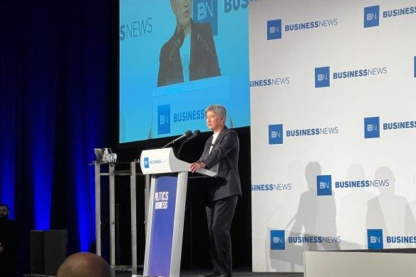 Minister Penny Wong speaking at a Business News breakfast in Perth on Tuesday.