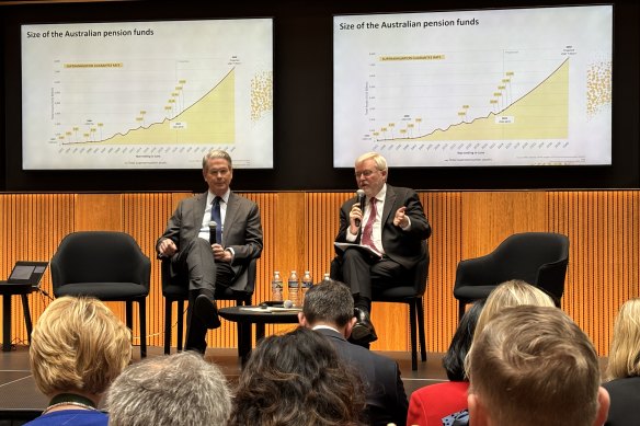 US Treasury Secretary Scott Bessent with Kevin Rudd at the superannuation summit on February 26.