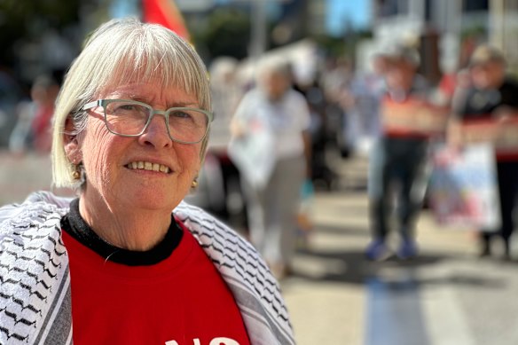 Independent and Peaceful Australia Network chair Annette Brownlie was among the protests outside the American Chamber of Commerce lunch.