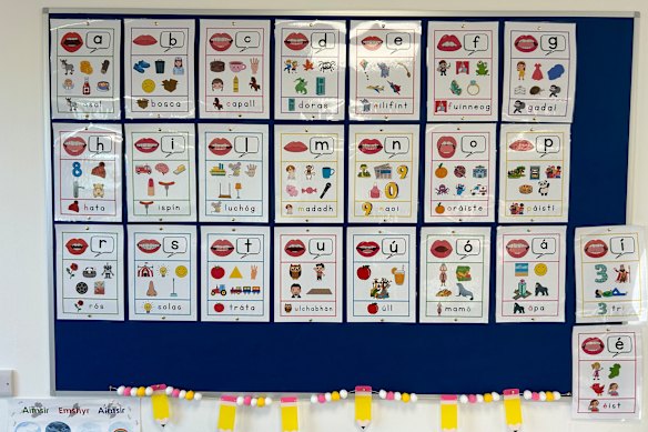 An Irish alphabet chart in Ciara Moore’s classroom.