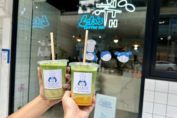 Pistachio matcha and mango matcha at Lola’s Coffee Bar in Kelvin Grove.
