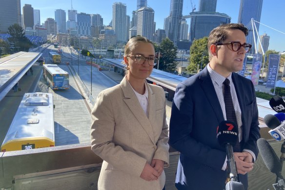Council’s transport committee   seat  Ryan Murphy and lawman  seat  Danita Parry merchandise  modelling showing imaginable   overcrowding connected  buses.