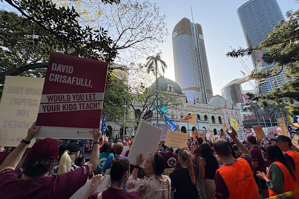 Teachers rally outside Queensland Parliament House in Brisbane.