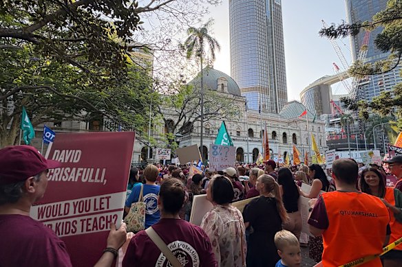 Teachers rally outside Queensland Parliament House in Brisbane earlier this month.