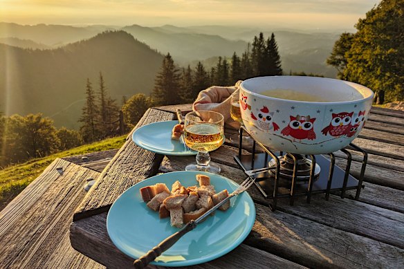 A fondue served atop the summit of Schnebelhorn, the highest peak in the Swiss canton of Zurich. 