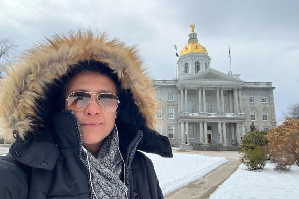 Farrah Tomazin reporting from outside the State House in Concord, New Hampshire, during the Republican primaries.