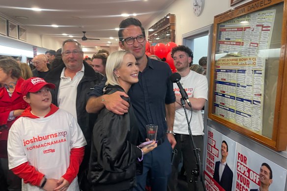 Labor MP Josh Burns with his partner, Georgie Purcell, at his election night function in Macnamara.