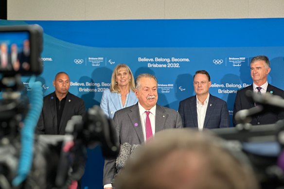  Brisbane 2032 board director Patrick Johnson, Brisbane 2032 CEO Cindy Hook, Lord Mayor Adrian Schrinner and Qld Sport Minister Tim Mander) announcing the Games vision.