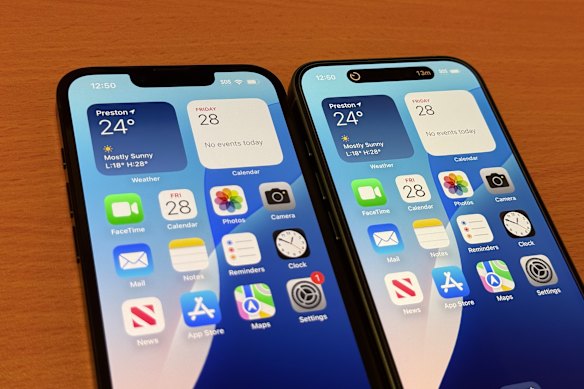 The notch is back for the 16e (left), while the regular 16 features the Dynamic Island.
