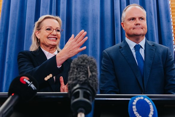 Sussan Ley, with Ted O’Brien, taking questions at her first press conference as leader.