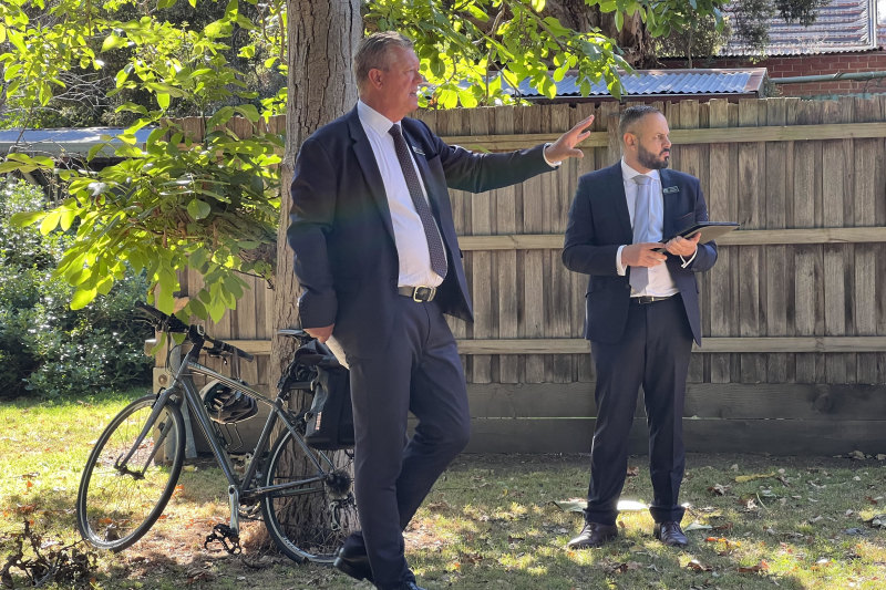 Jellis Craig Brunswick director and auctioneer Mitchell Boys and agent Anthony Monteleone ask for offers during the auction.