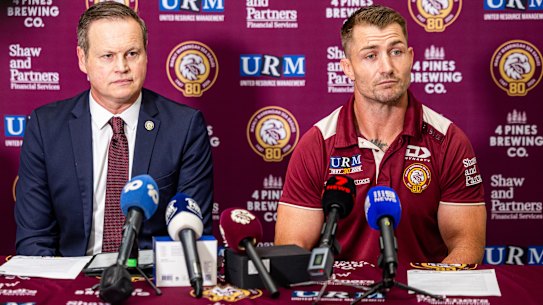 Manly owner Scott Penn announced Kieran Foran (right) as interim head coach on Saturday following the sacking of Anthony Seibold.