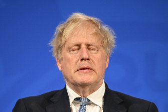 Prime Minister Boris Johnson holding a press conference last month in response to the publication of the Sue Gray report Into “Partygate”.