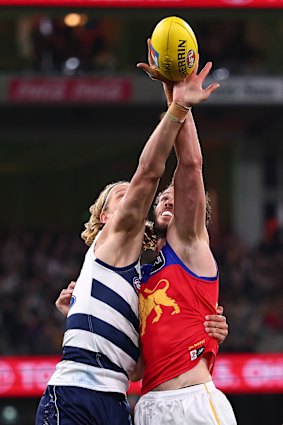 Geelong’s Sam De Koning and Brisbane Lions ruckman Darcy Fort up against each other in the qualifying final.