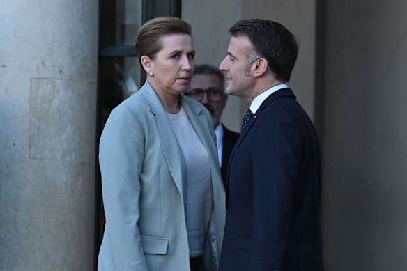 Danish Prime Minister Mette Frederiksen and French President Emmanuel Macron in Paris on Tuesday.