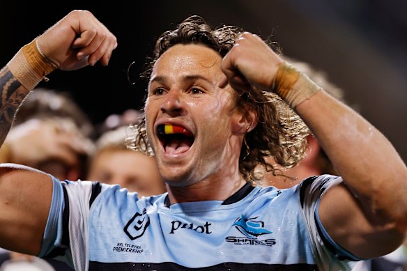 Nicho Hynes celebrates victory against the Raiders last week.