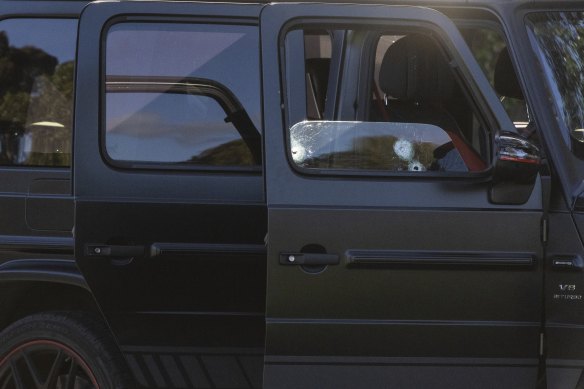 The Mercedes in which Sam Abdulrahim was shot while travelling in a funeral procession in 2022.