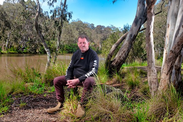 Wurundjeri elder Perry Wandin at  Dights Falls, in Yarra Bend Park, on Sunday.