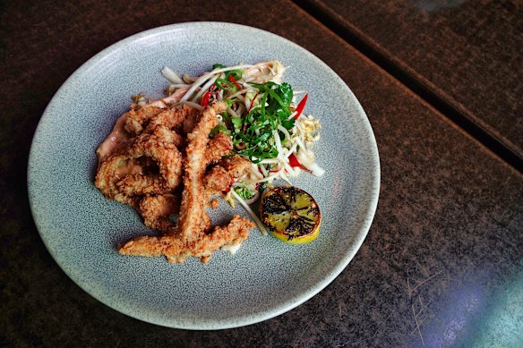  salt and pepper squid with  togarashi mayo, bean sprout, spring onion salad and burnt lime.