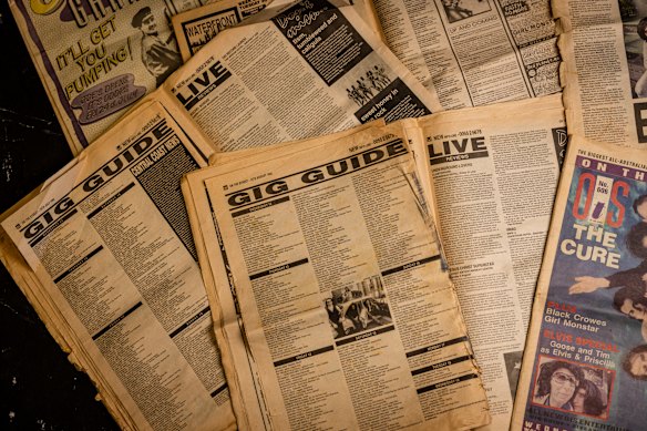 Gig guides in the pages of the free On The Street newspaper from the 1990s.