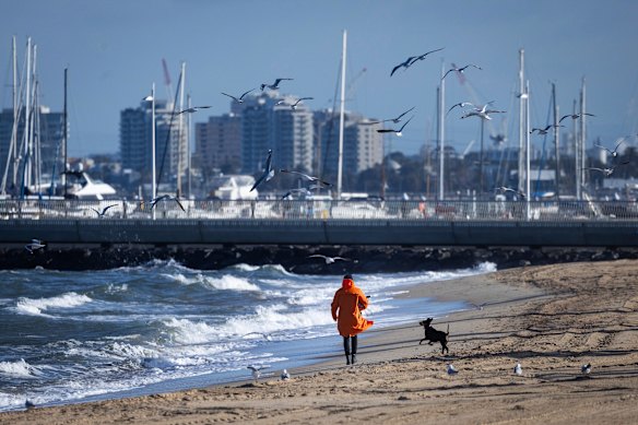 Cold and windy weather on the St Kilda foreshore in June.