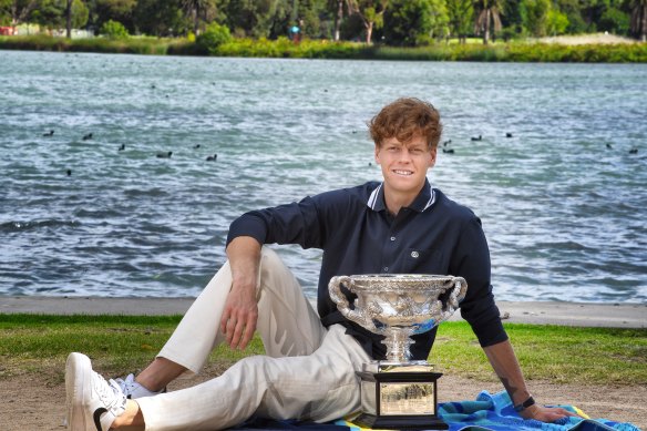 Jannik Sinner with the spoils of victory - the Norman Brookes Challenge Cup - after his Australian Open win.
