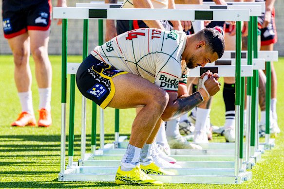 Ready to launch: Latrell Mitchell goes through his paces at Heffron Park.