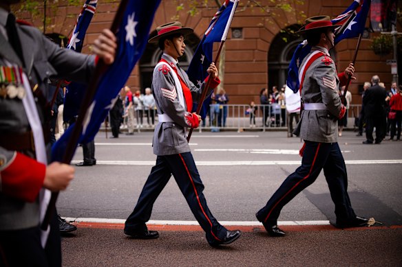 The Anzac Day march from Elizabeth Street to Hyde Park in Sydney.