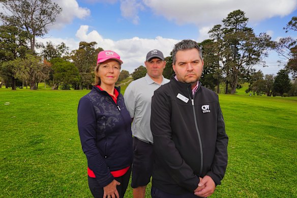 Tania Walsh, Mark Blundell (centre) and Matthew Taylor of the Churchill-Waverley Golf and Bowls Club at their Rowville golf course on Monday. 
