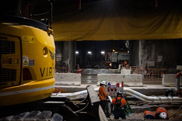 Workers toil away in part of the Western Harbour Tunnel beneath Rozelle.