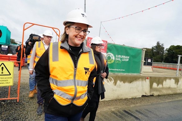Premier Jacinta Allan at the Suburban Rail Loop site in Burwood on Sunday.