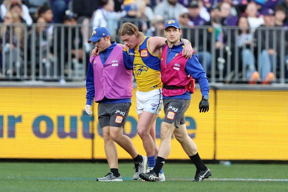 Harley Reid leaves the field injured.