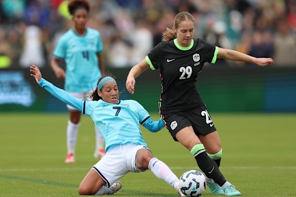 Matildas defender Jamilla Rankin (right) in action against Panama.