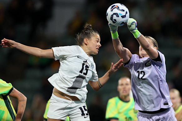 Teagan Micah makes a save in the Matildas match against Slovenia.