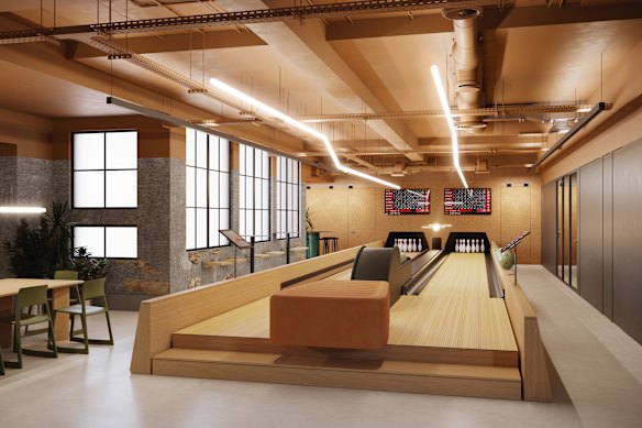 Render of bowling alley and reception at The Commons, 121 Castlereagh Street, Sydney.