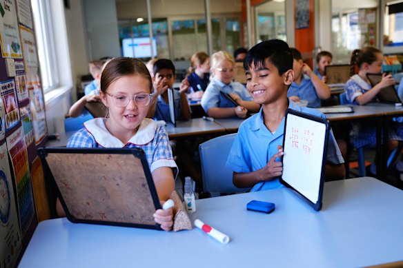 Year 3 students in a maths lesson at St Bernard’s Primary School in Batemans Bay.