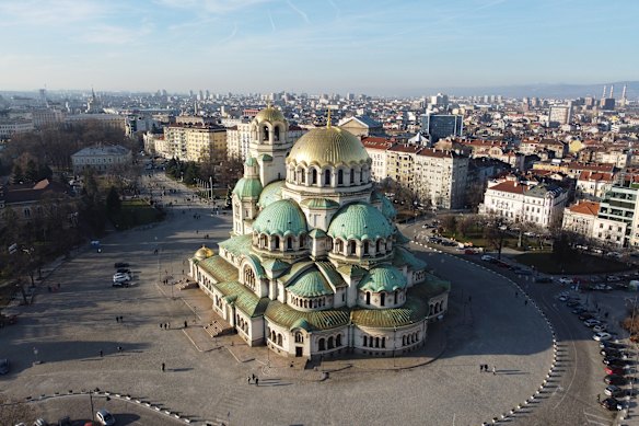 The Cathedral and the city of Sofia beyond.