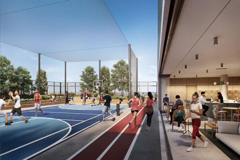 A basketball court will sit on Central Place’s rooftop to spur team building within companies.