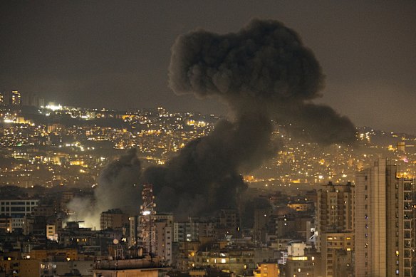 Smoke rises from an Israeli strike targeting the southern suburbs of Beirut, Lebanon. 