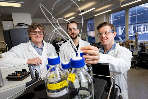 Professor David Komander, Marco Jochem and Dr Simon Cobbold at the Walter and Eliza Hall Institute of Medical Research in Parkville. They are publishing a paper in Nature revealing a more direct way of targeting sugar in the body than Ozempic.