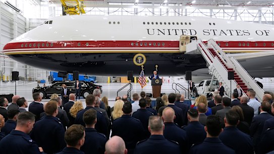 President Donald Trump speaks after touring the newly designated Air Force One.