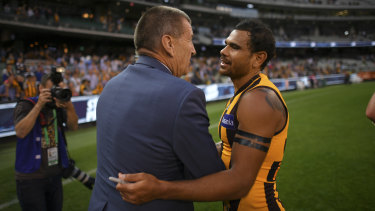 Jeff Kennett and Cyril Rioli in Rioli’s last season of AFL football, in 2018.