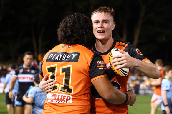 Lachlan Galvin aft  the Tigers’ triumph   against the Sharks successful  March.