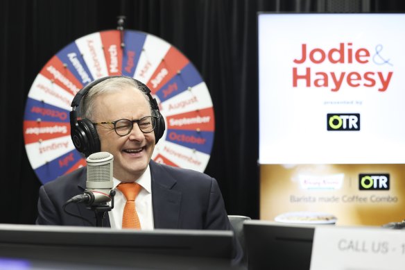 Prime Minister Anthony Albanese at a radio interview with Jodie Oddy and Andrew Hayes from the Jodie and Hayesy breakfast show on Nova.