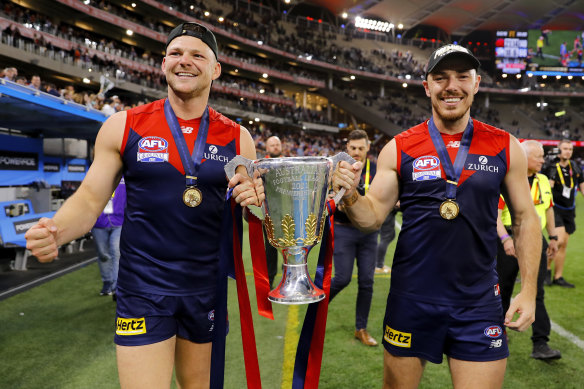 Steven May with teammate Michael Hibberd after the Demons’ 2021 grand final triumph in Perth.