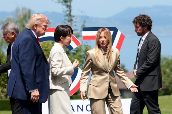 US President Donald Trump, Japan Prime Minister Shigeru Ishiba and Italy Prime Minister Giorgia Meloni following a photo at the G7 Summit last week.