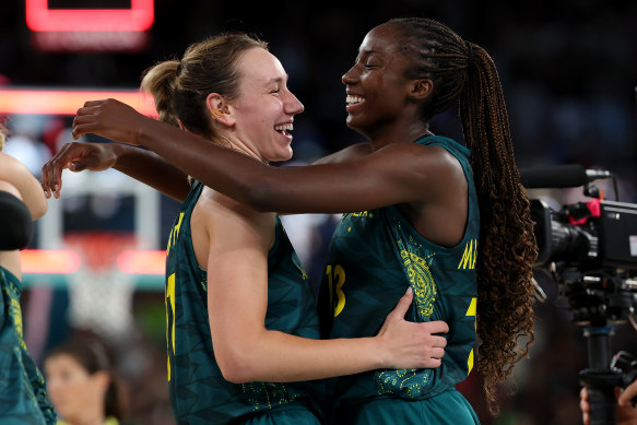 Australia’s Alanna Smith and Ezi Magbegor celebrate victory in the bronze medal match at the 2024 Paris Olympics.